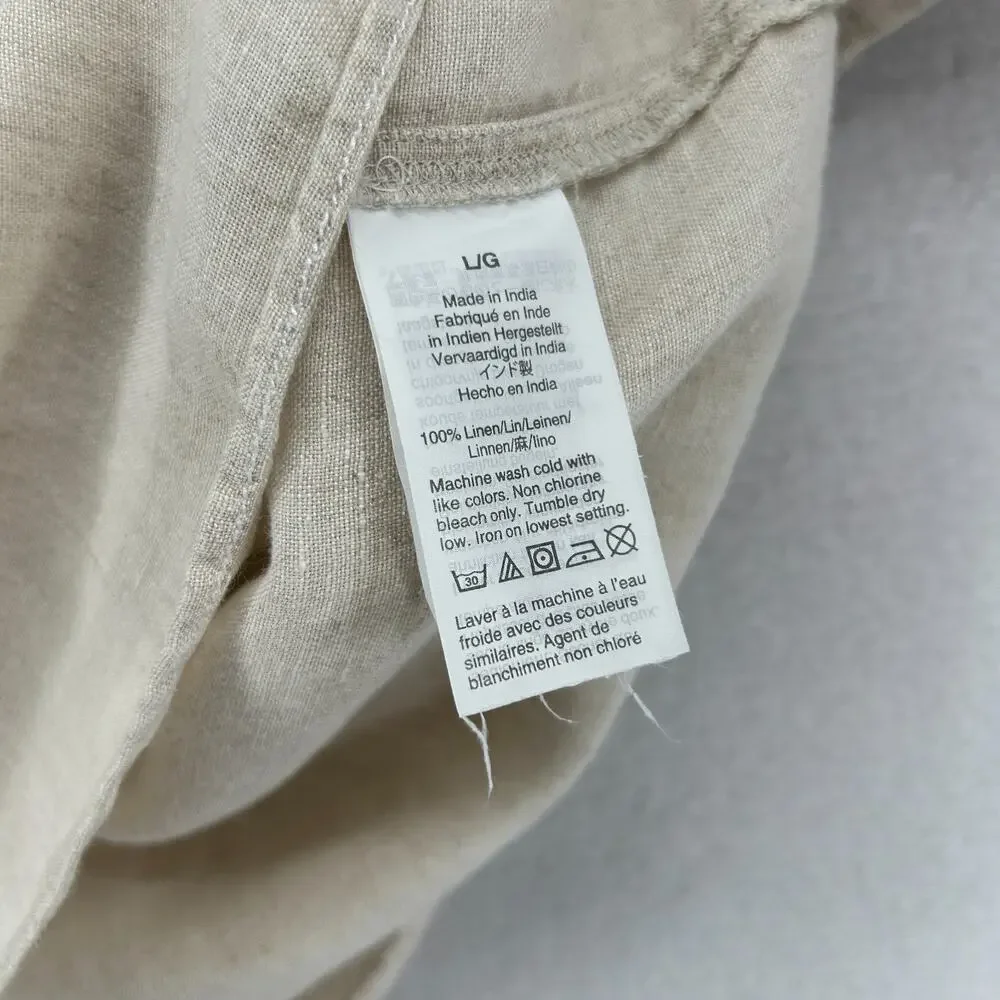 J.CREW Top Womens L Linen Popover Shirt Blouse Short Sleeve Woven Natural Beige